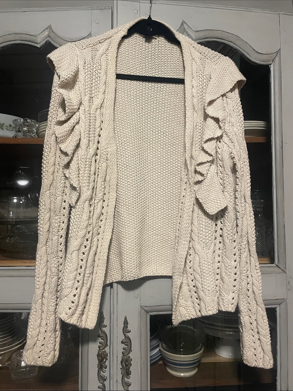 Universal Thread Cream Ruffle Cable-Knit Open Cardigan